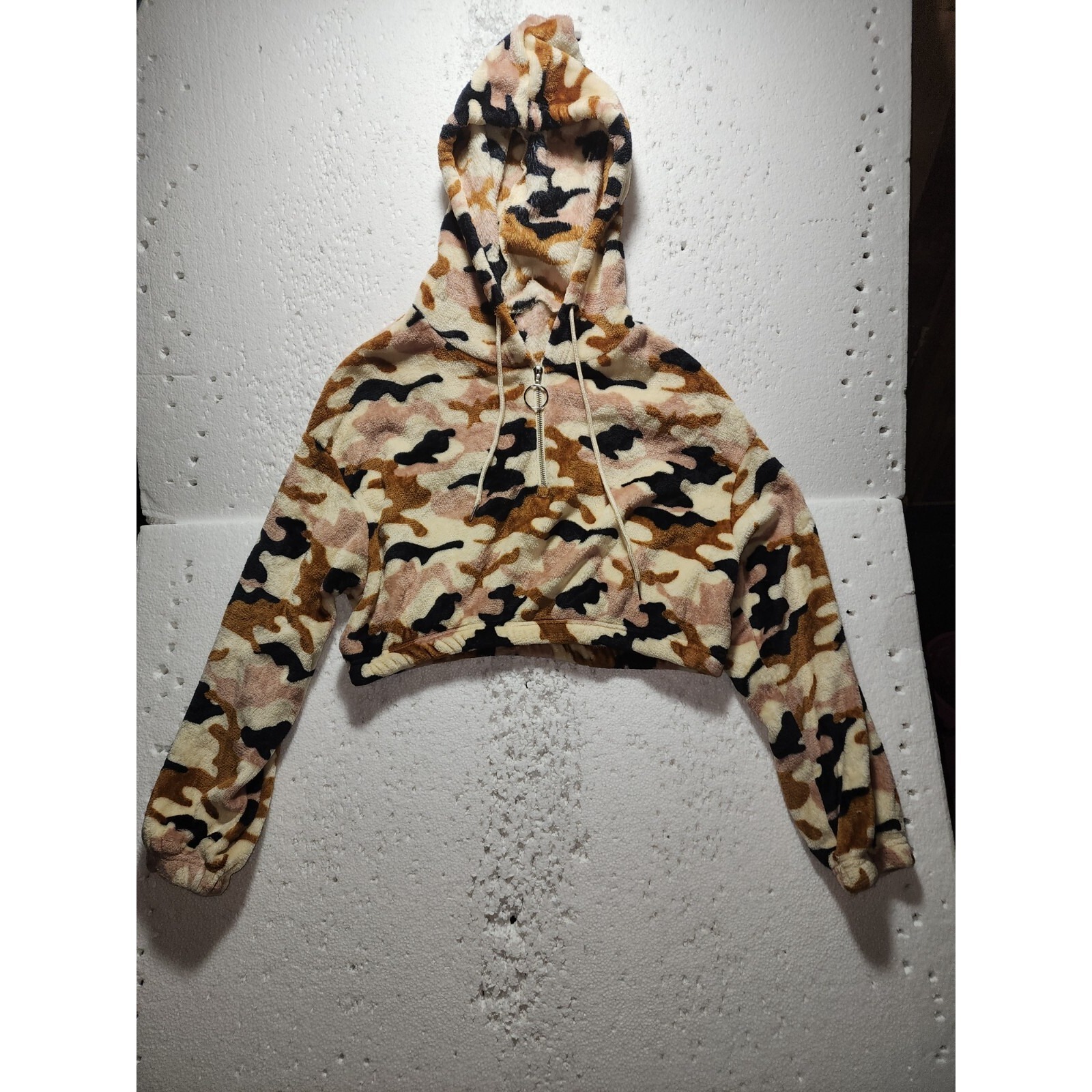 Shein Sweater Women 1xl Beige Animal Print Long Sleeve Hooded Cropped 1/4 Zip